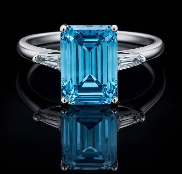Custom Blue Emerald Cut Diamond Ring