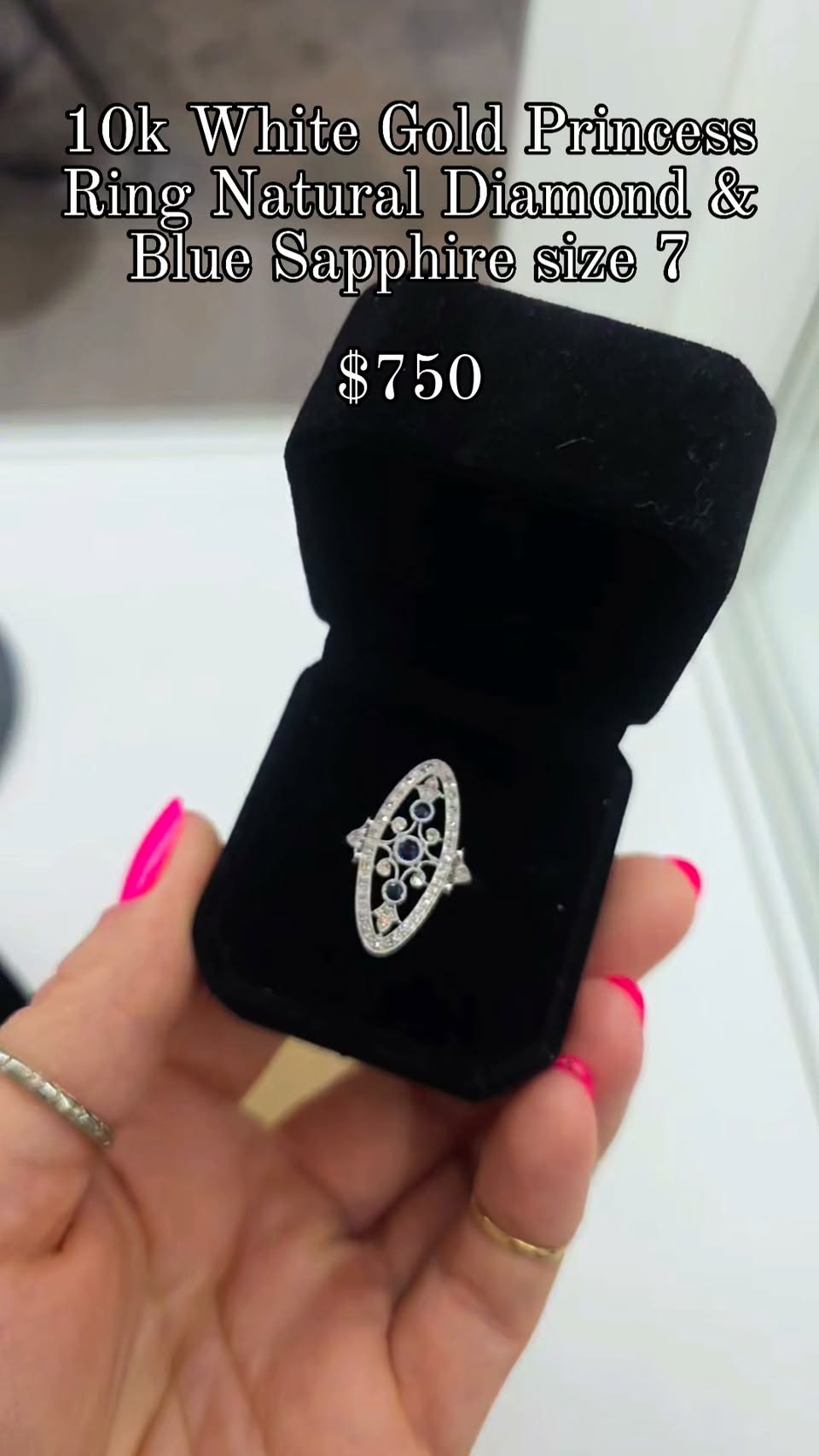 10k White Gold Natural Diamond & Blue Sapphire Princess Ring