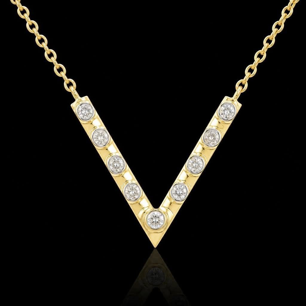 10K Gold Natural Diamond V Necklace