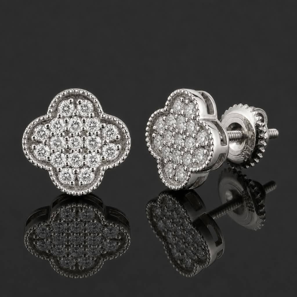 Natural Diamond Clover 14k White Gold Studs
