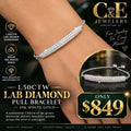 Promotional image of a solid 10K white gold adjustable pull bracelet with 1.50 CTW lab-grown diamonds, priced at $849