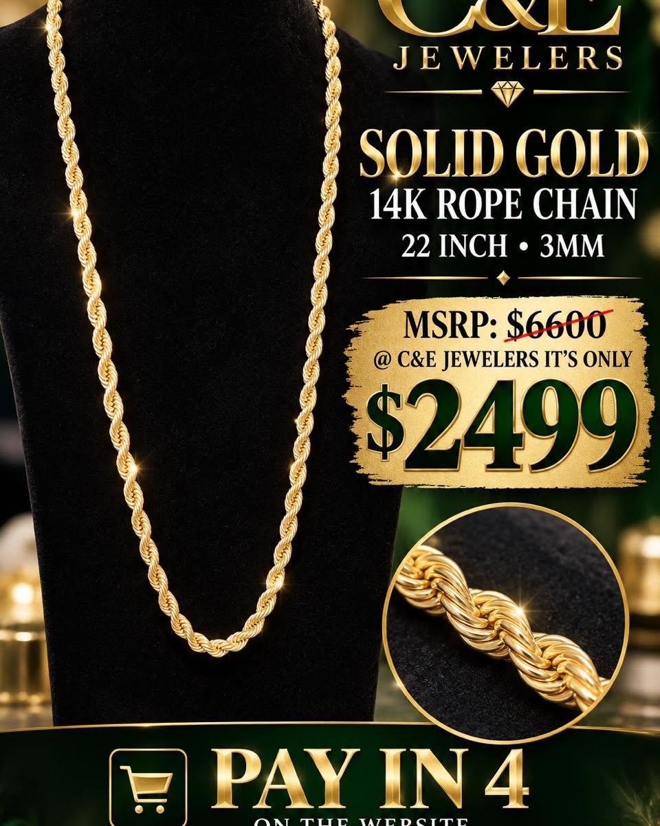 Solid 14K yellow gold rope chain displayed on a black necklace bust, 22 inches long and 3 mm wide