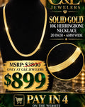 Solid 10K yellow gold herringbone necklace displayed on a black bust, with a close-up of the flat link design