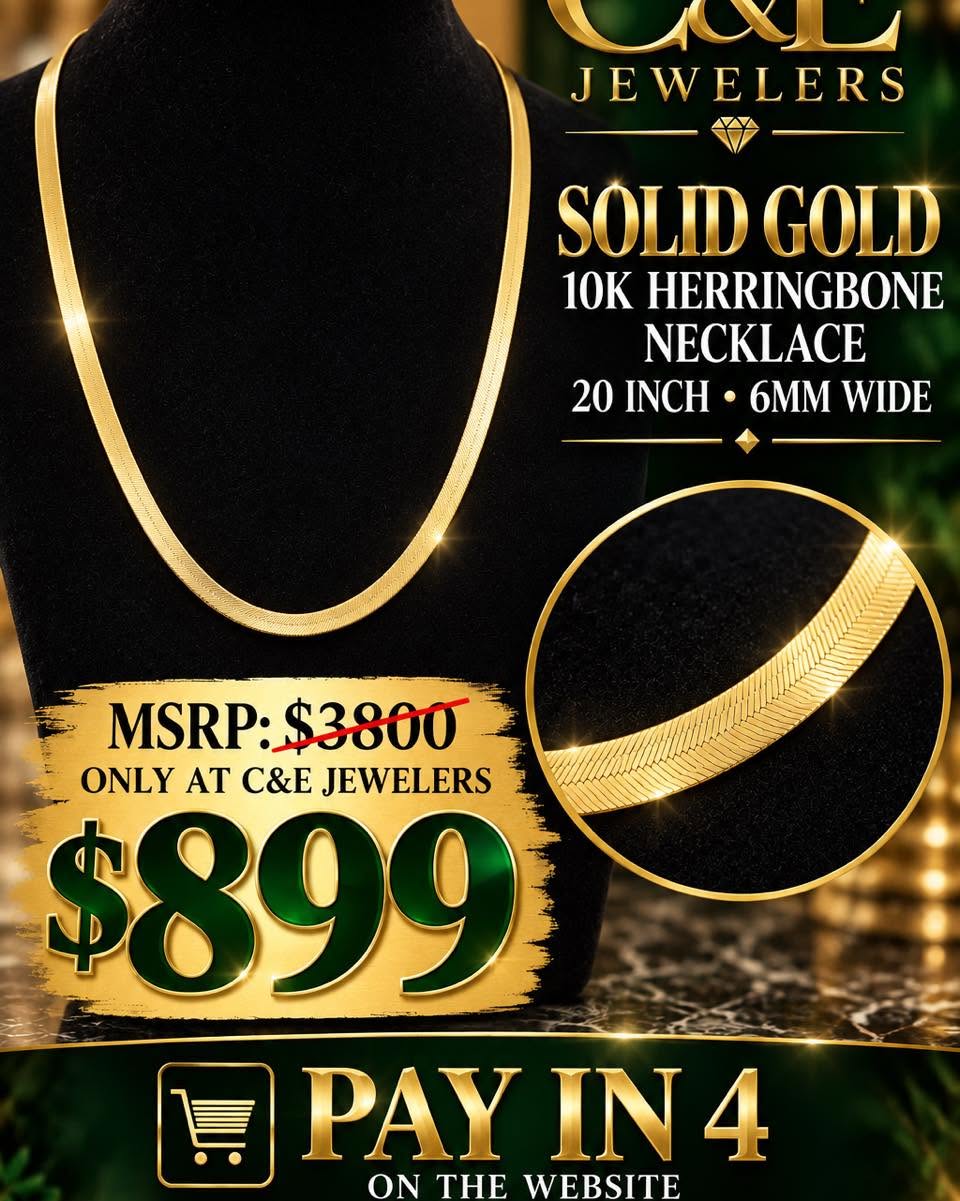 Solid 10K yellow gold herringbone necklace displayed on a black bust, with a close-up of the flat link design