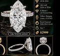 14K white gold marquise lab-grown diamond ring with round diamond band accents and hidden halo, shown from front and side