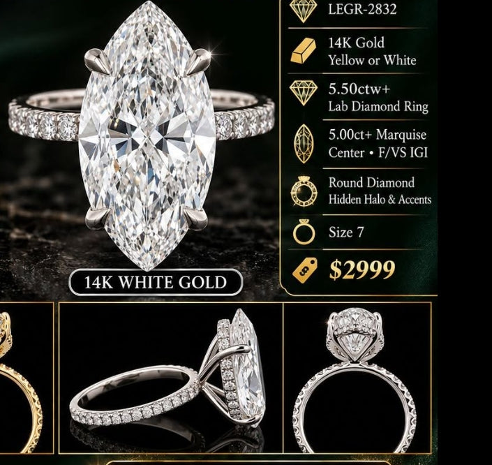 14K white gold marquise lab-grown diamond ring with round diamond band accents and hidden halo, shown from front and side