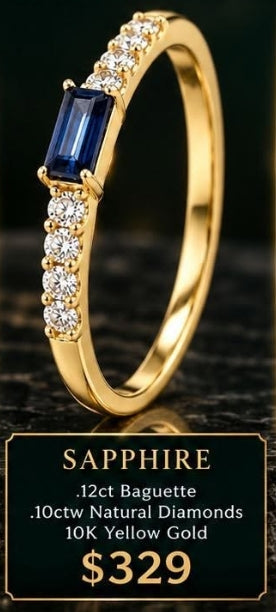 10K yellow gold ring with a blue baguette sapphire and round natural diamond accents