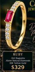 10K yellow gold ring with a red baguette ruby and round natural diamond accents