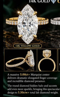 14K yellow gold marquise lab-grown diamond ring with round diamond band accents and hidden halo, shown from front and side